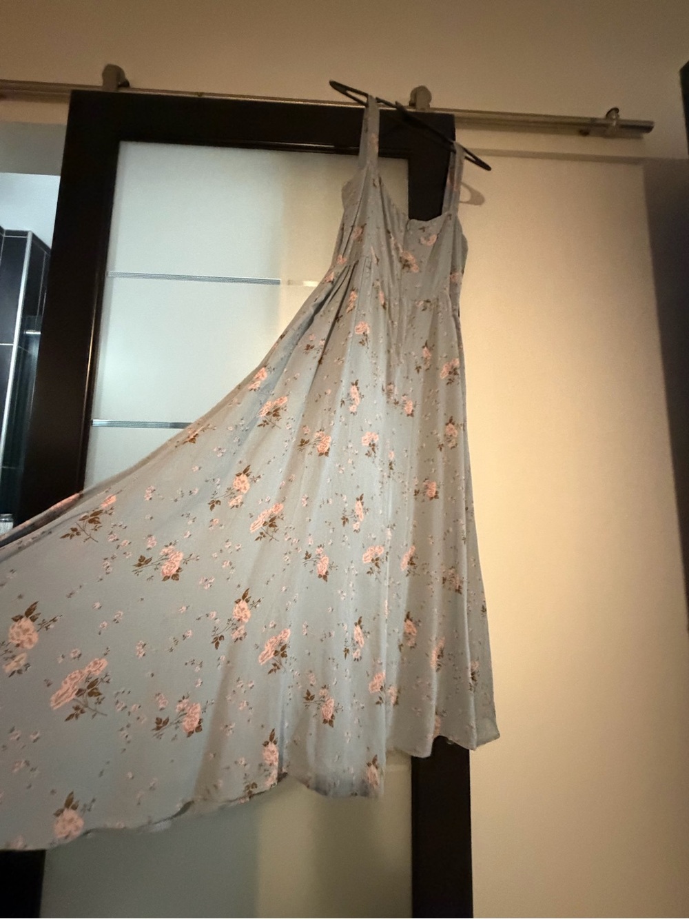 Reformation Dusty Blue Maxi Dress with Pink Floral Print
